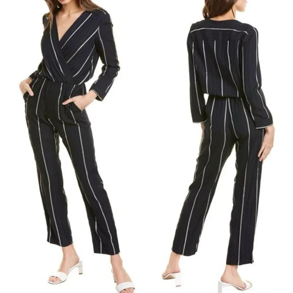 Maje Pinstripe Surplice Bodice Jumpsuit Navy Blue Size S - Picture 1 of 16